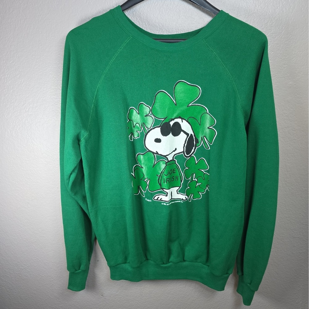 Vintage 70s 80s Snoopy Joe Irish Crewneck Green Sweatshirt XL